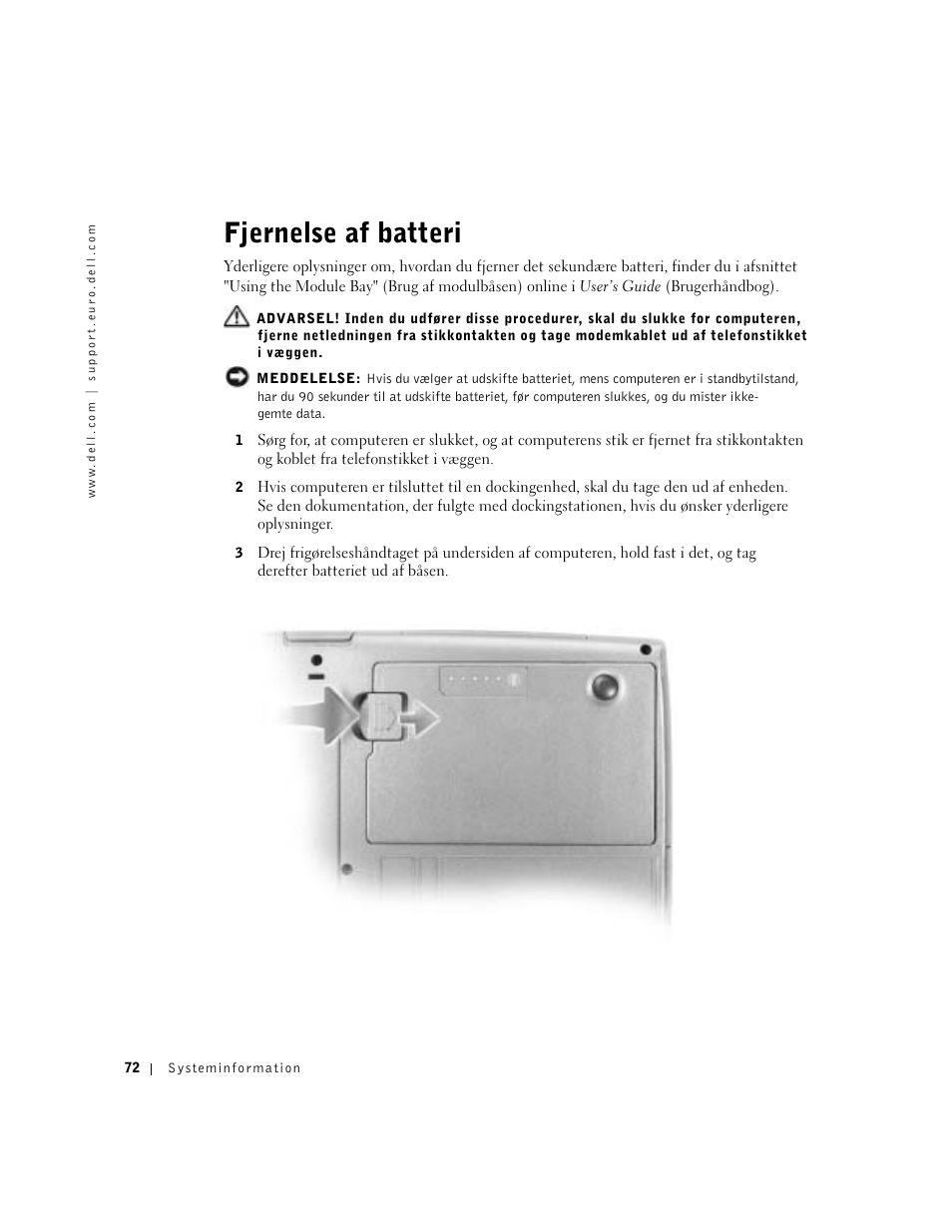 Fjernelse af batteri | Dell Latitude D500 User Manual | Page 74 / 352