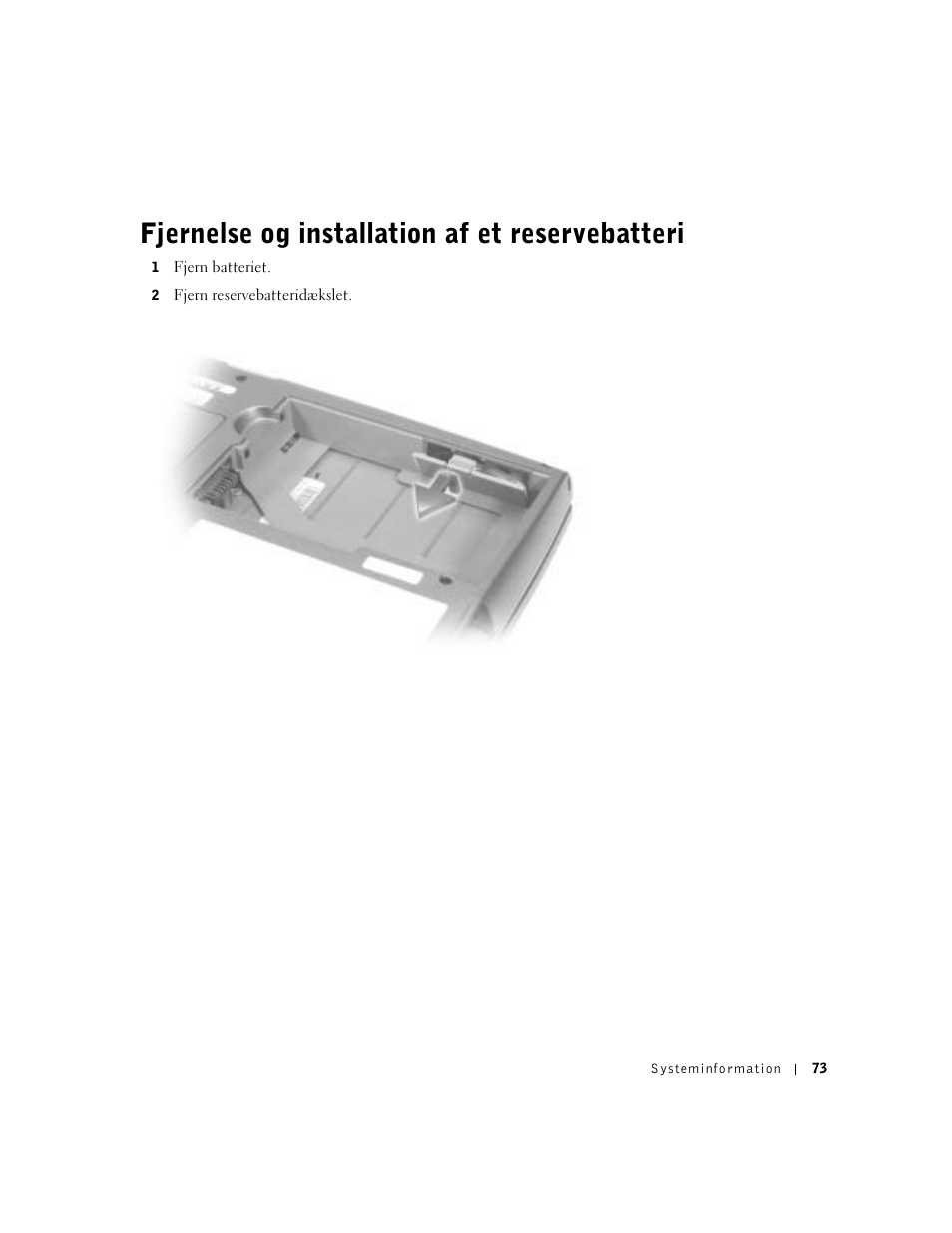 Fjernelse og installation af et reservebatteri | Dell Latitude D500 User Manual | Page 75 / 352