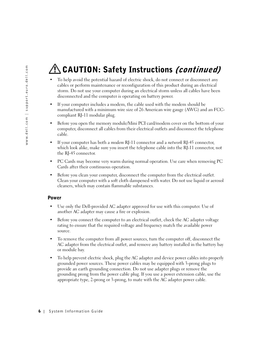 Power, Caution: safety instructions (continued) | Dell Latitude D500 User Manual | Page 8 / 352