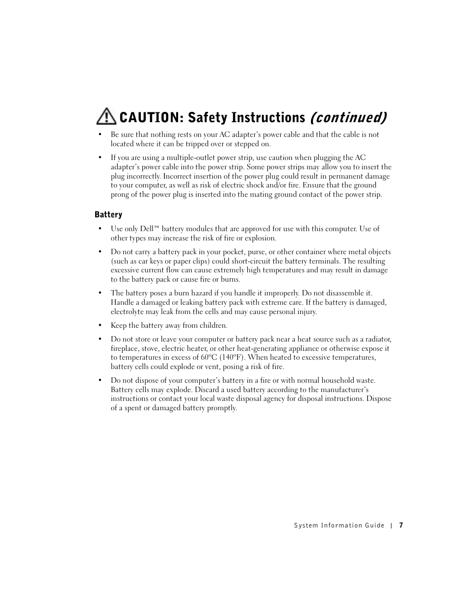Battery, Caution: safety instructions (continued) | Dell Latitude D500 User Manual | Page 9 / 352