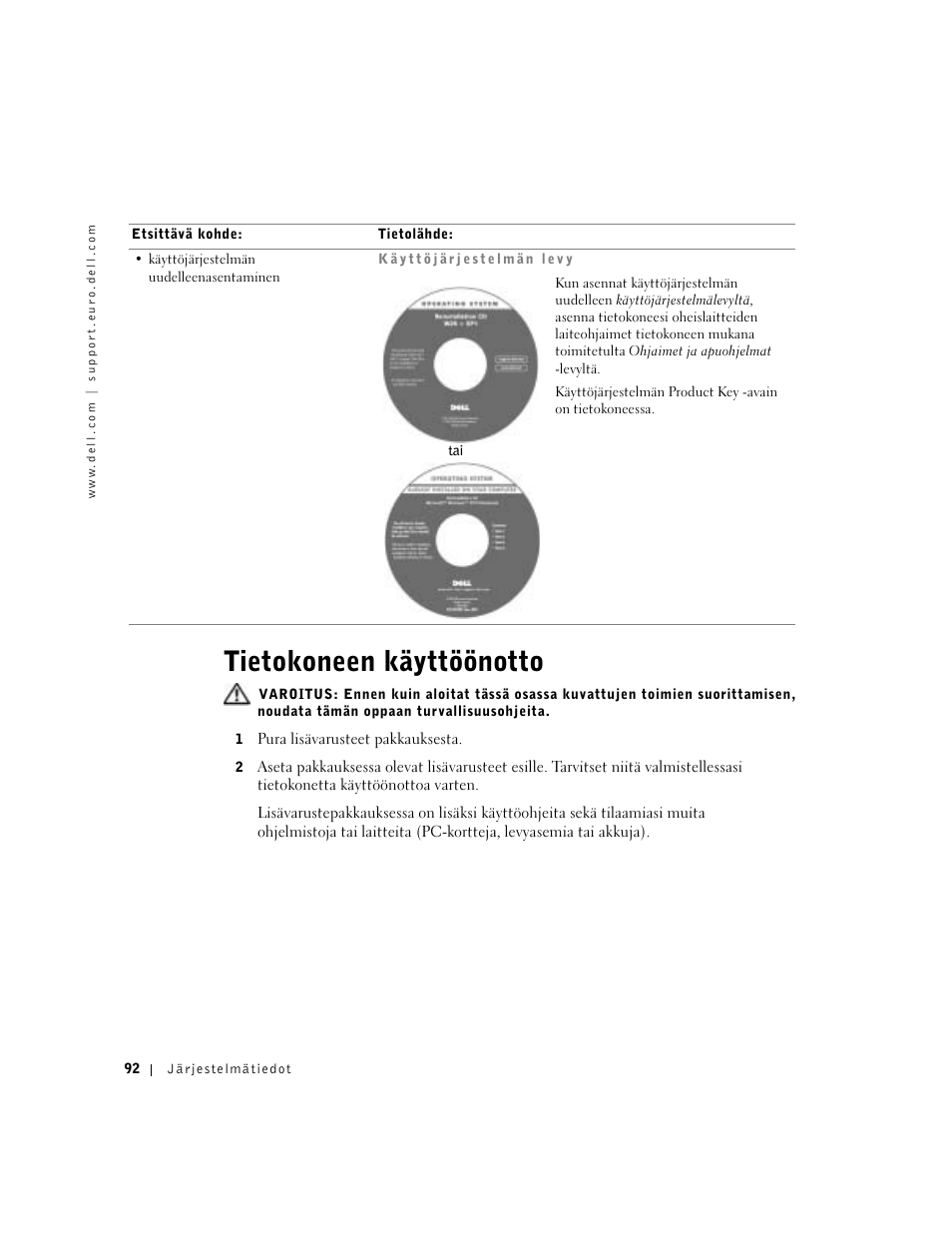 Tietokoneen käyttöönotto | Dell Latitude D500 User Manual | Page 94 / 352