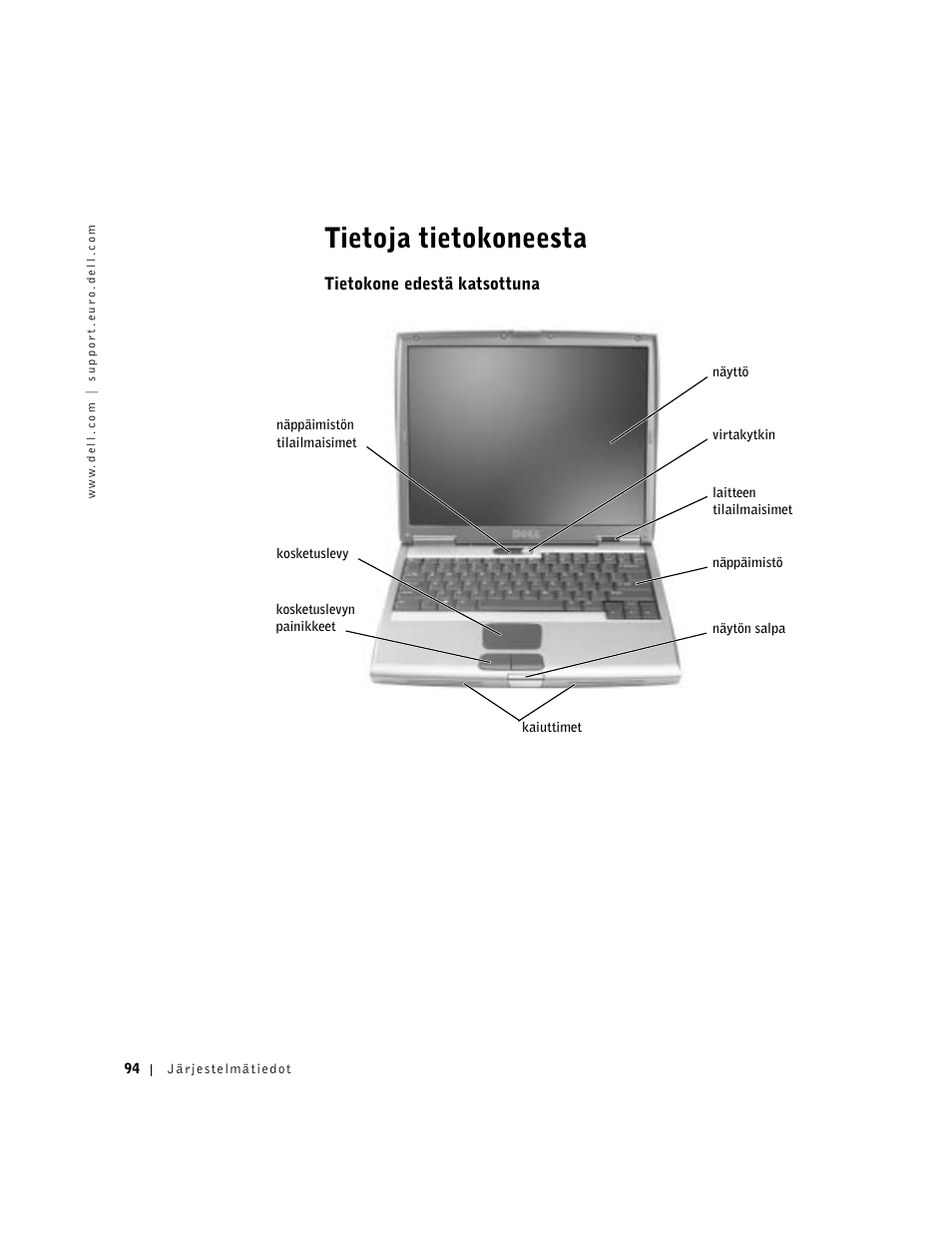 Tietoja tietokoneesta, Tietokone edestä katsottuna | Dell Latitude D500 User Manual | Page 96 / 352