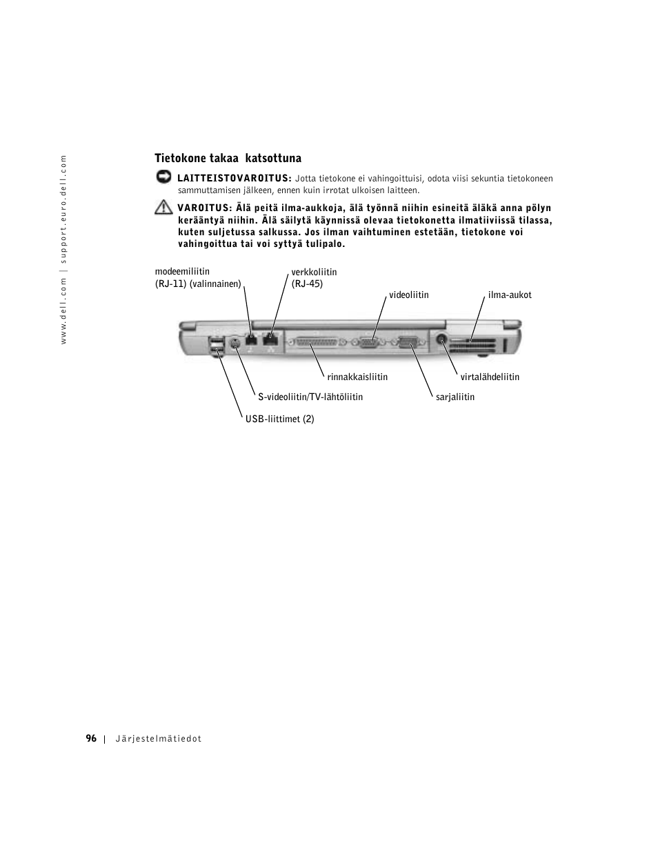 Tietokone takaa katsottuna | Dell Latitude D500 User Manual | Page 98 / 352