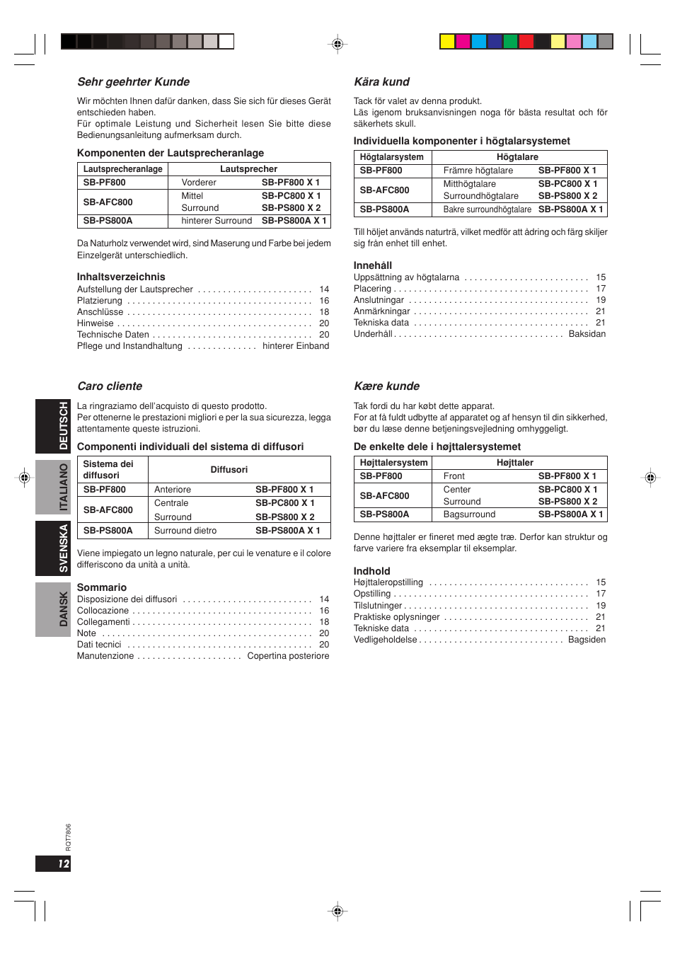 Sehr geehrter kunde, Caro cliente, Kära kund | Kære kunde | Panasonic SB PF 800 User Manual | Page 12 / 32