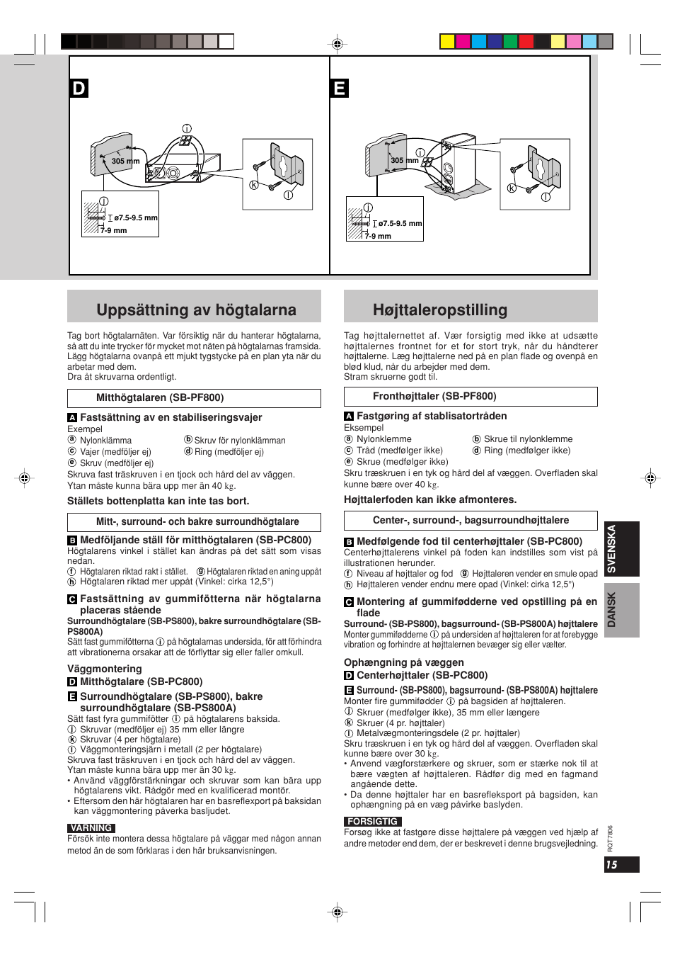Uppsättning av högtalarna, Højttaleropstilling | Panasonic SB PF 800 User Manual | Page 15 / 32