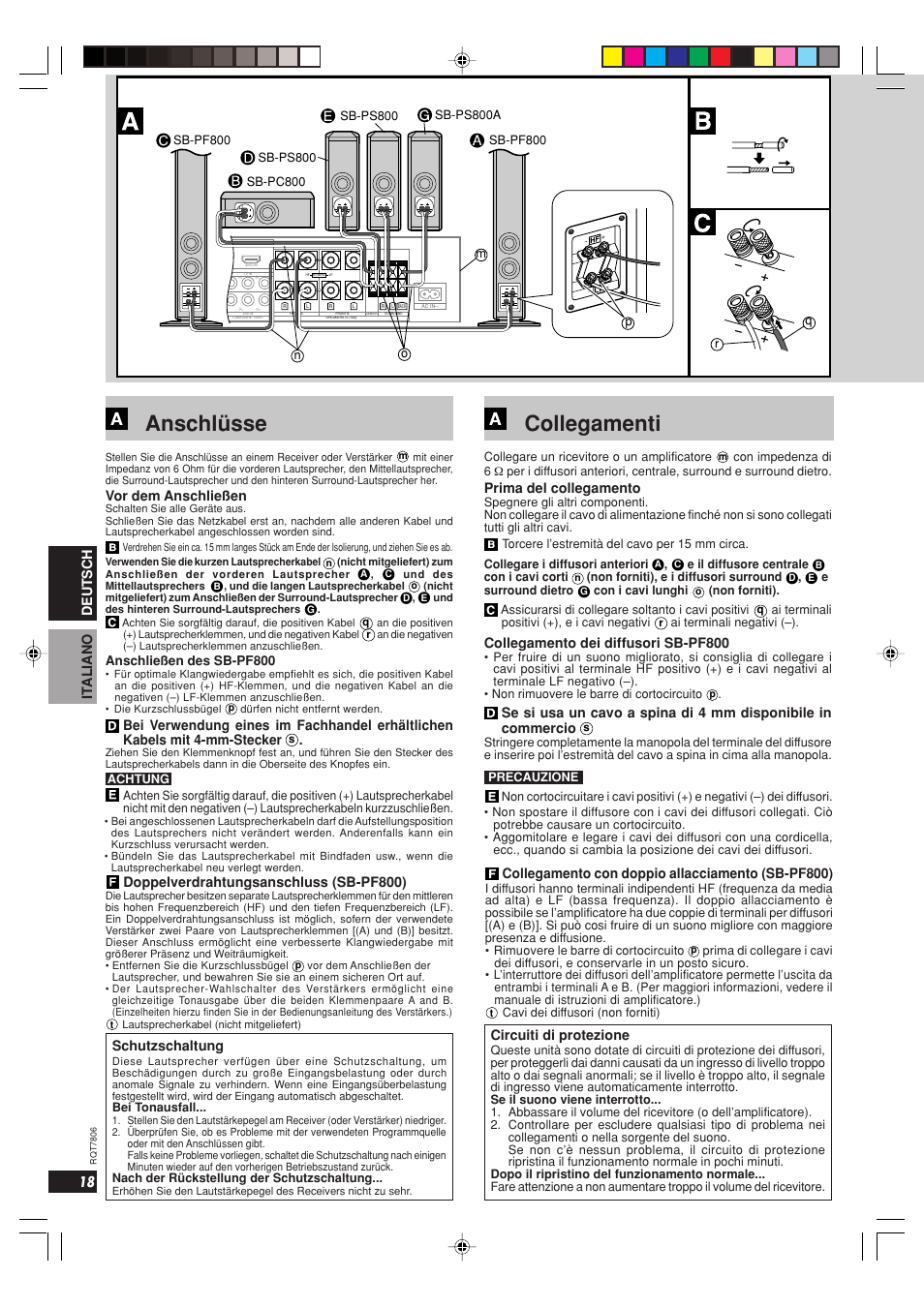 Anschlüsse, Collegamenti, 18 deutsch it aliano | Vor dem anschließen, Doppelverdrahtungsanschluss (sb-pf800), Prima del collegamento, Collegamento dei diffusori sb-pf800, Collegamento con doppio allacciamento (sb-pf800), Schutzschaltung, Circuiti di protezione | Panasonic SB PF 800 User Manual | Page 18 / 32