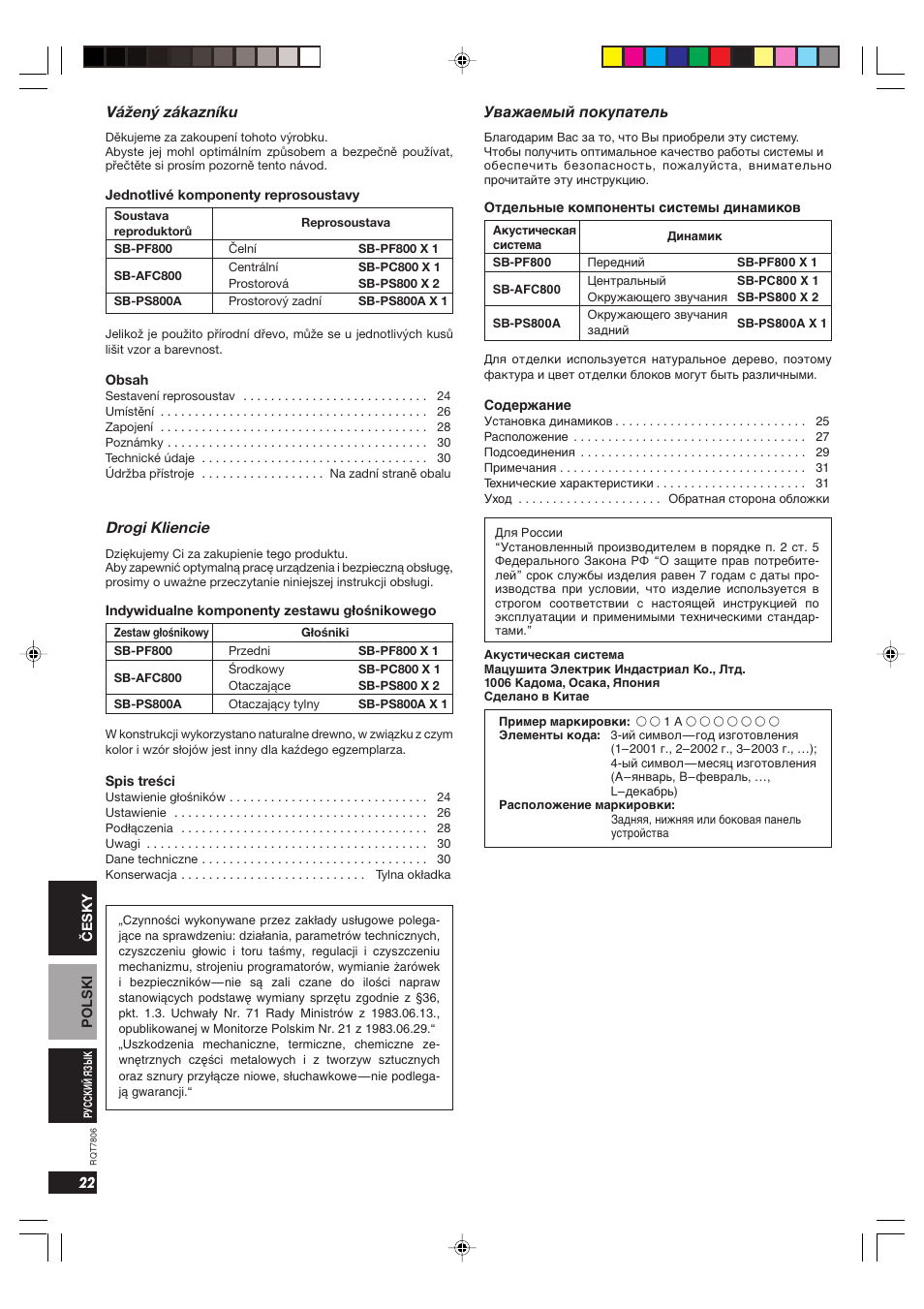 Vážený zákazníku, Уважаемый покупатель, Drogi kliencie | Panasonic SB PF 800 User Manual | Page 22 / 32
