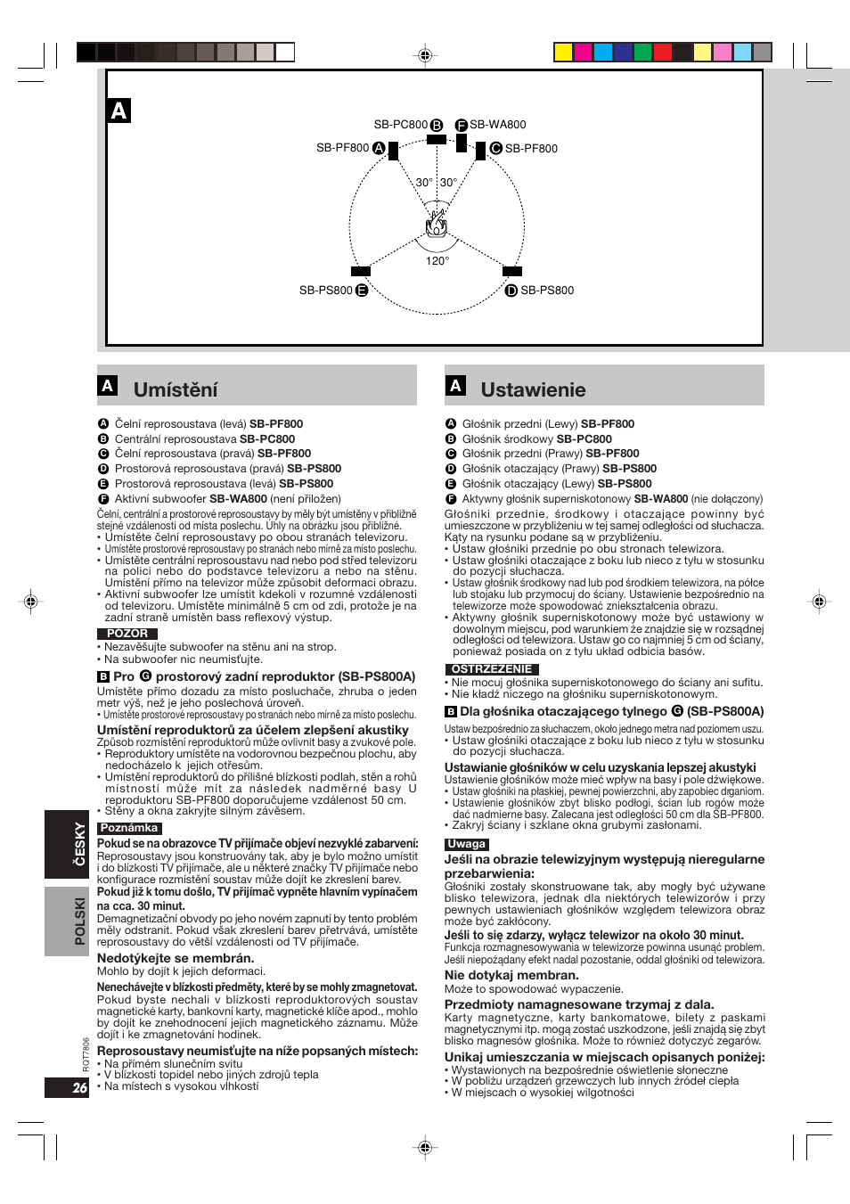 Umístění, Ustawienie | Panasonic SB PF 800 User Manual | Page 26 / 32