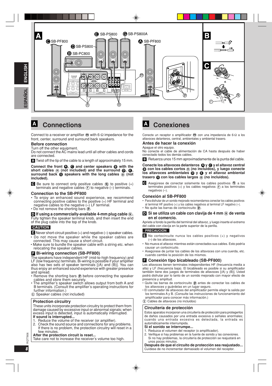 Connections, Conexiones, 8english esp añol | Before connection, Connection to the sb-pf800, If using a commercially-available 4-mm plug cable, Bi-wiring connection (sb-pf800), Protection circuitry, Antes de hacer la conexión, Conexión al sb-pf800 | Panasonic SB PF 800 User Manual | Page 8 / 32