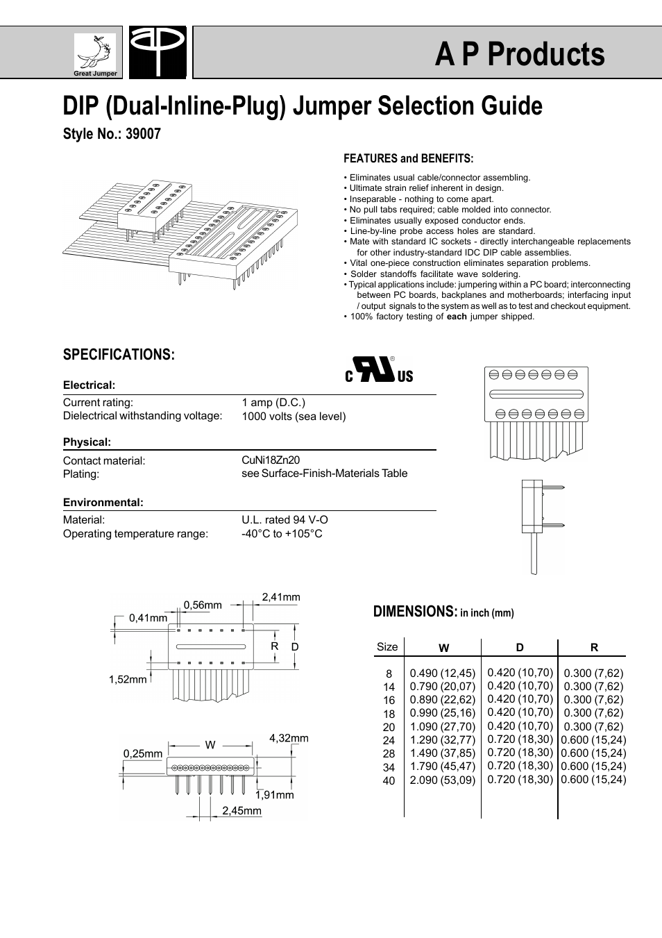 A p products, Dip (dual-inline-plug) jumper selection guide, Specifications | Dimensions | A P Products GREAT JUMPERS User Manual | Page 11 / 20