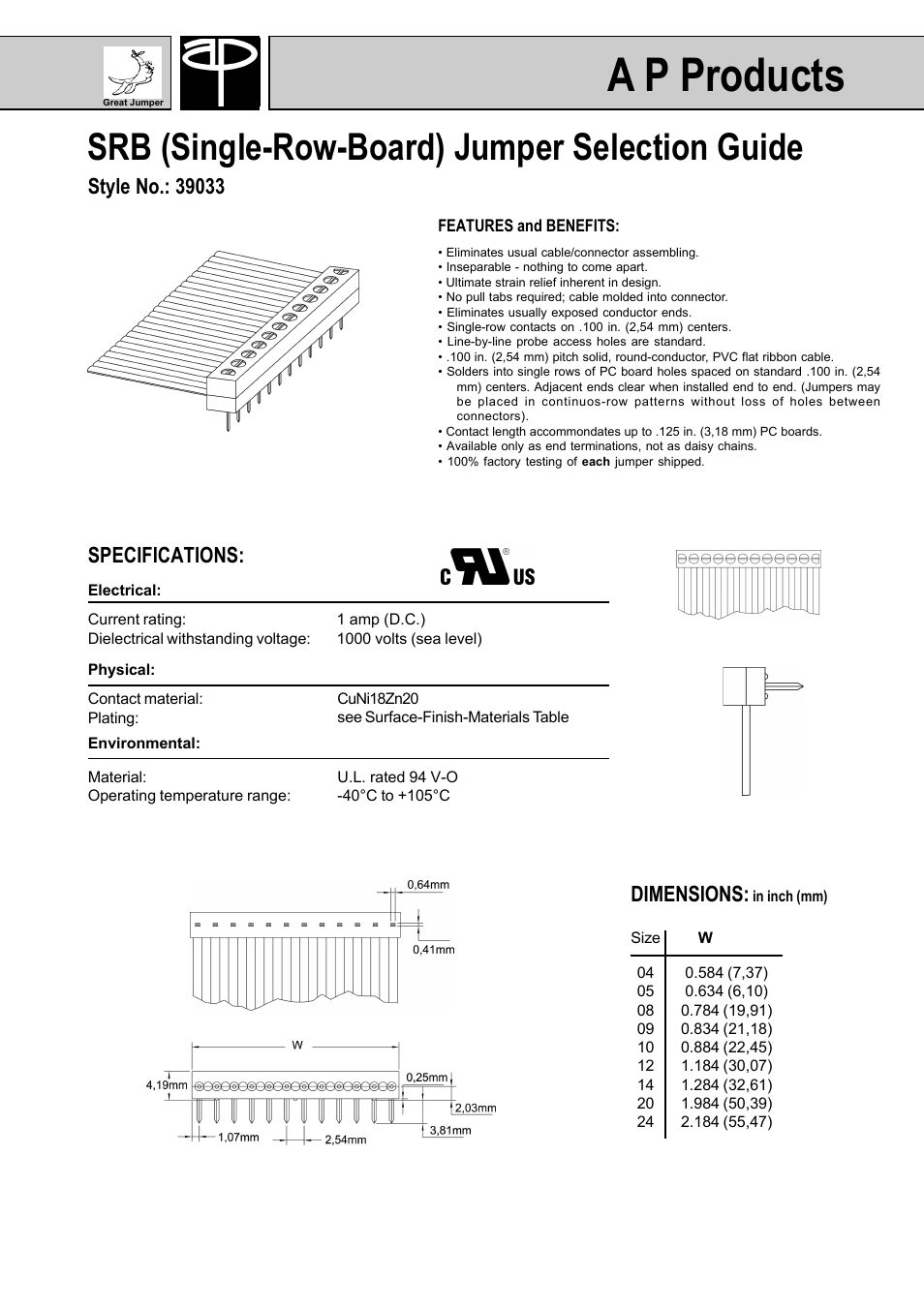 A p products, Srb (single-row-board) jumper selection guide, Specifications | Dimensions | A P Products GREAT JUMPERS User Manual | Page 15 / 20
