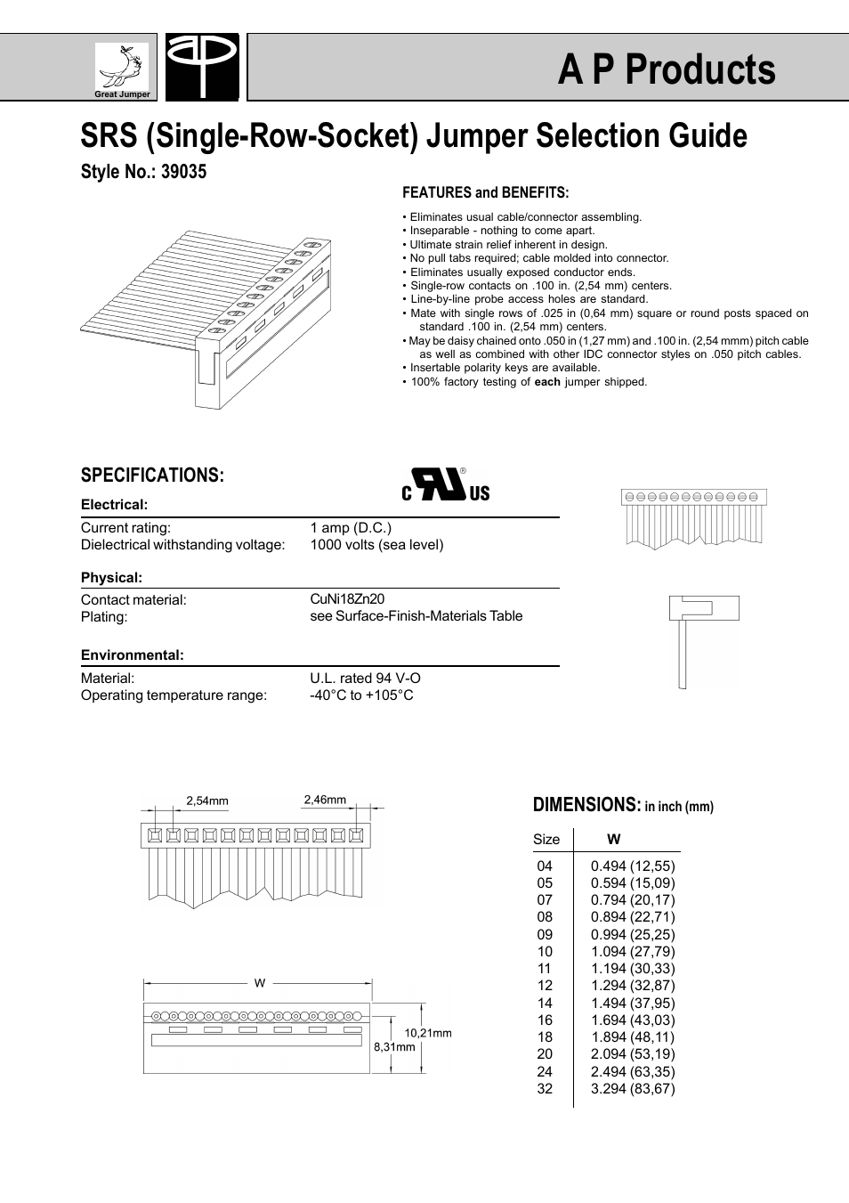 A p products, Srs (single-row-socket) jumper selection guide, Specifications | Dimensions | A P Products GREAT JUMPERS User Manual | Page 17 / 20