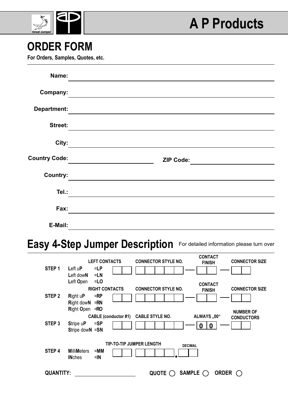 A p products, Order form, Easy 4-step jumper description | A P Products GREAT JUMPERS User Manual | Page 19 / 20