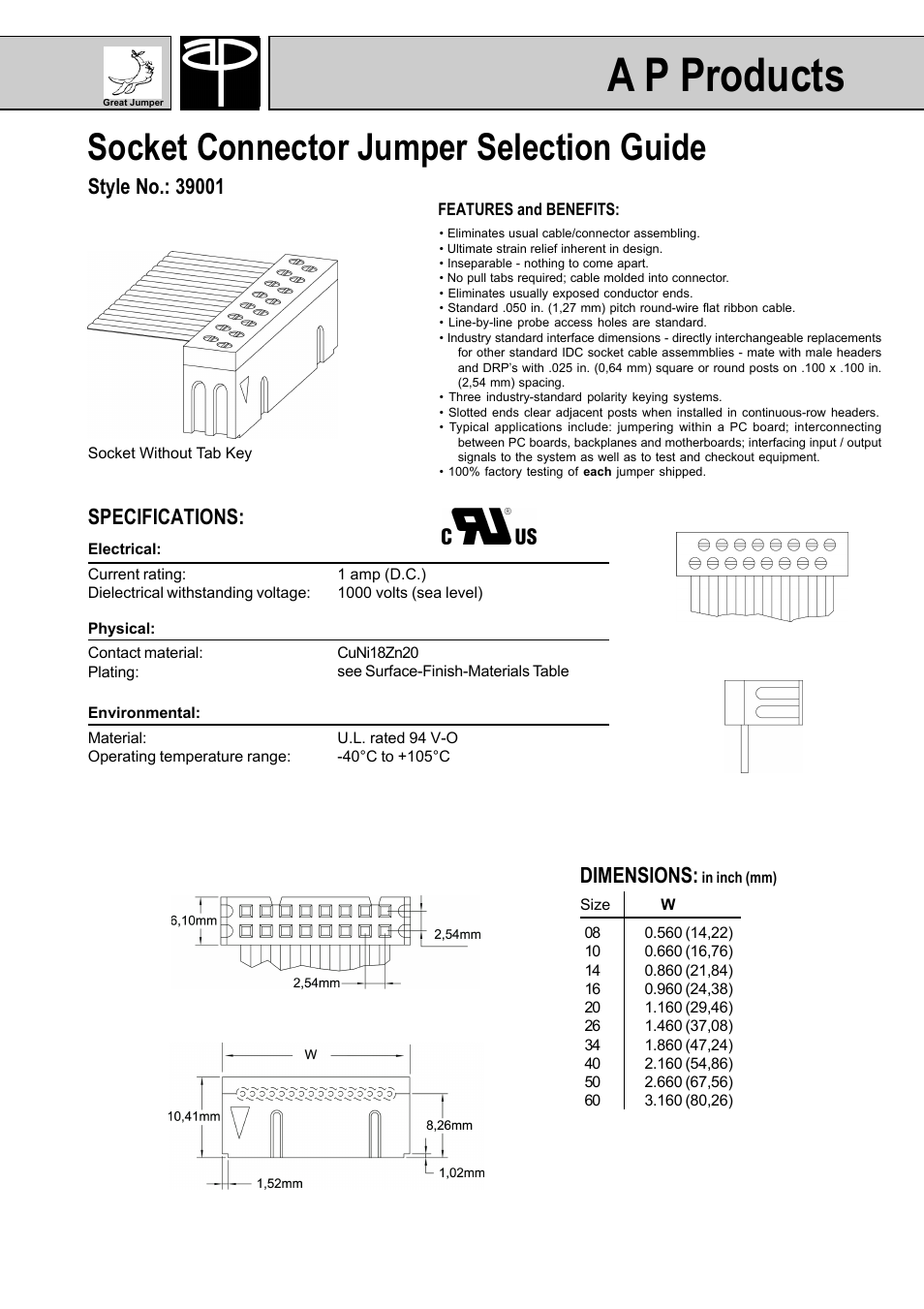 A p products, Socket connector jumper selection guide, Specifications | Dimensions | A P Products GREAT JUMPERS User Manual | Page 7 / 20
