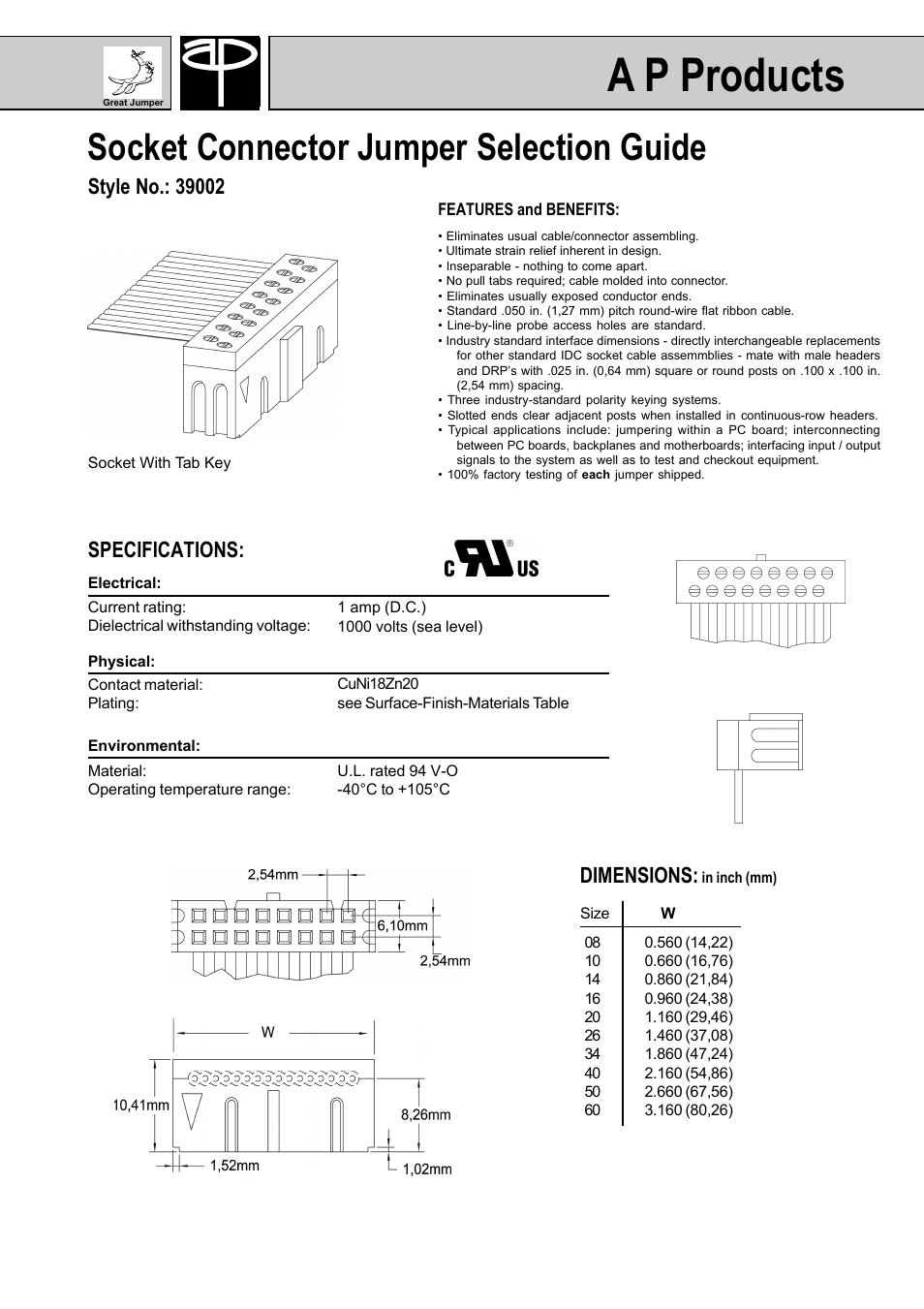 A p products, Socket connector jumper selection guide, Specifications | Dimensions | A P Products GREAT JUMPERS User Manual | Page 9 / 20