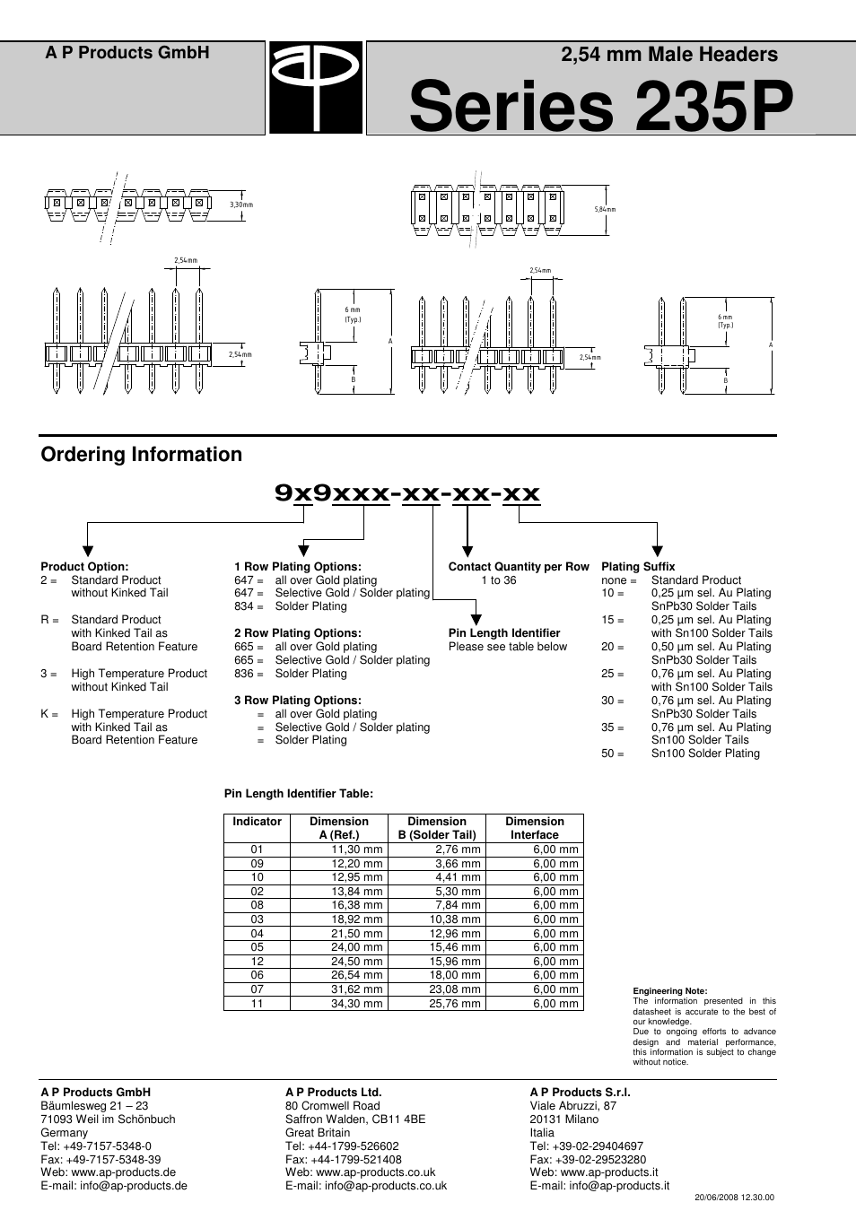 Series 235p, 9x9xxx-xx-xx-xx, 2,54 mm male headers | Ordering information, A p products gmbh | A P Products Male and Female Header User Manual | Page 10 / 43