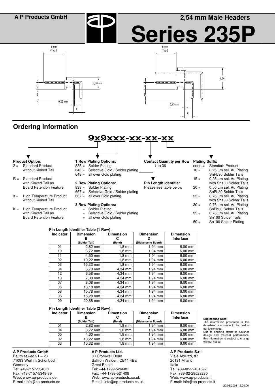 Series 235p, 9x9xxx-xx-xx-xx, 2,54 mm male headers | Ordering information, A p products gmbh | A P Products Male and Female Header User Manual | Page 12 / 43