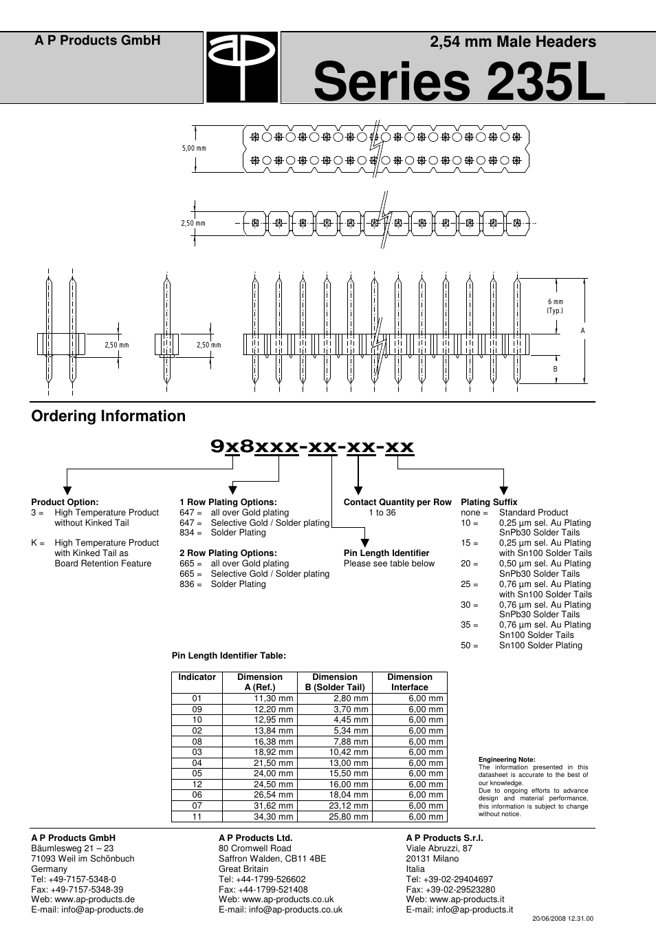 Series 235l, 9x8xxx-xx-xx-xx, 2,54 mm male headers | Ordering information, A p products gmbh | A P Products Male and Female Header User Manual | Page 14 / 43