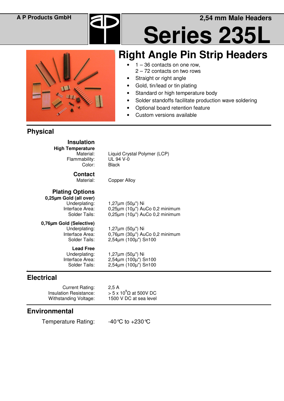Series 235l, Right angle pin strip headers, Physical | Electrical, Environmental, 2,54 mm male headers | A P Products Male and Female Header User Manual | Page 15 / 43