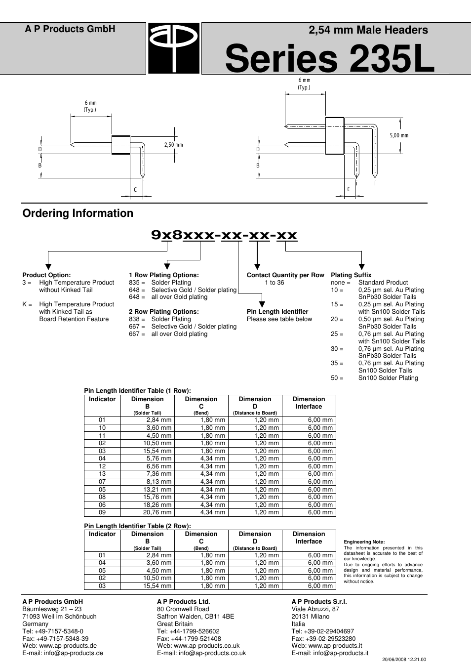 Series 235l, 9x8xxx-xx-xx-xx, 2,54 mm male headers | Ordering information, A p products gmbh | A P Products Male and Female Header User Manual | Page 16 / 43