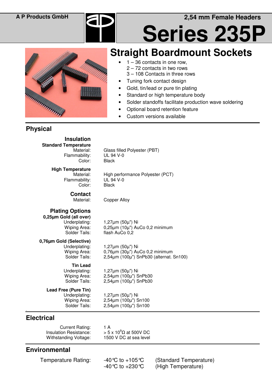 Series 235p, Straight boardmount sockets, Physical | Electrical, Environmental, 2,54 mm female headers | A P Products Male and Female Header User Manual | Page 17 / 43