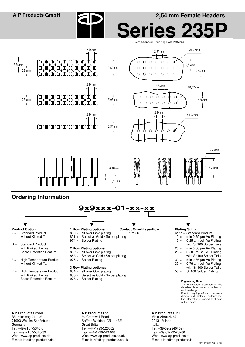 Series 235p, 9x9xxx-01-xx-xx, 2,54 mm female headers | Ordering information, A p products gmbh | A P Products Male and Female Header User Manual | Page 18 / 43