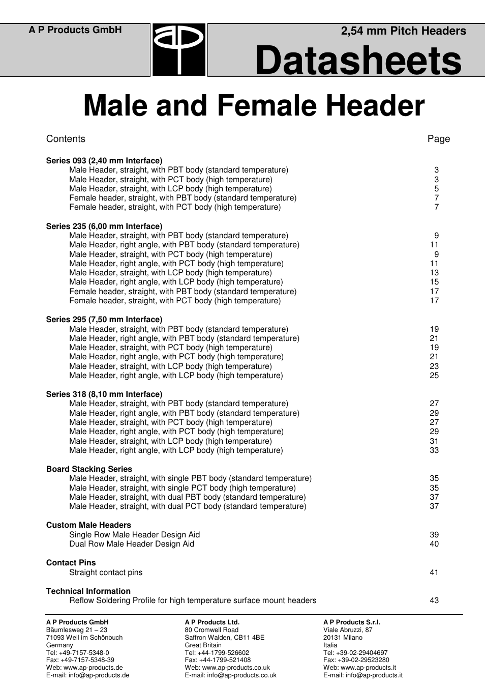Datasheets, Male and female header, 2,54 mm pitch headers | Contents page, A p products gmbh | A P Products Male and Female Header User Manual | Page 2 / 43