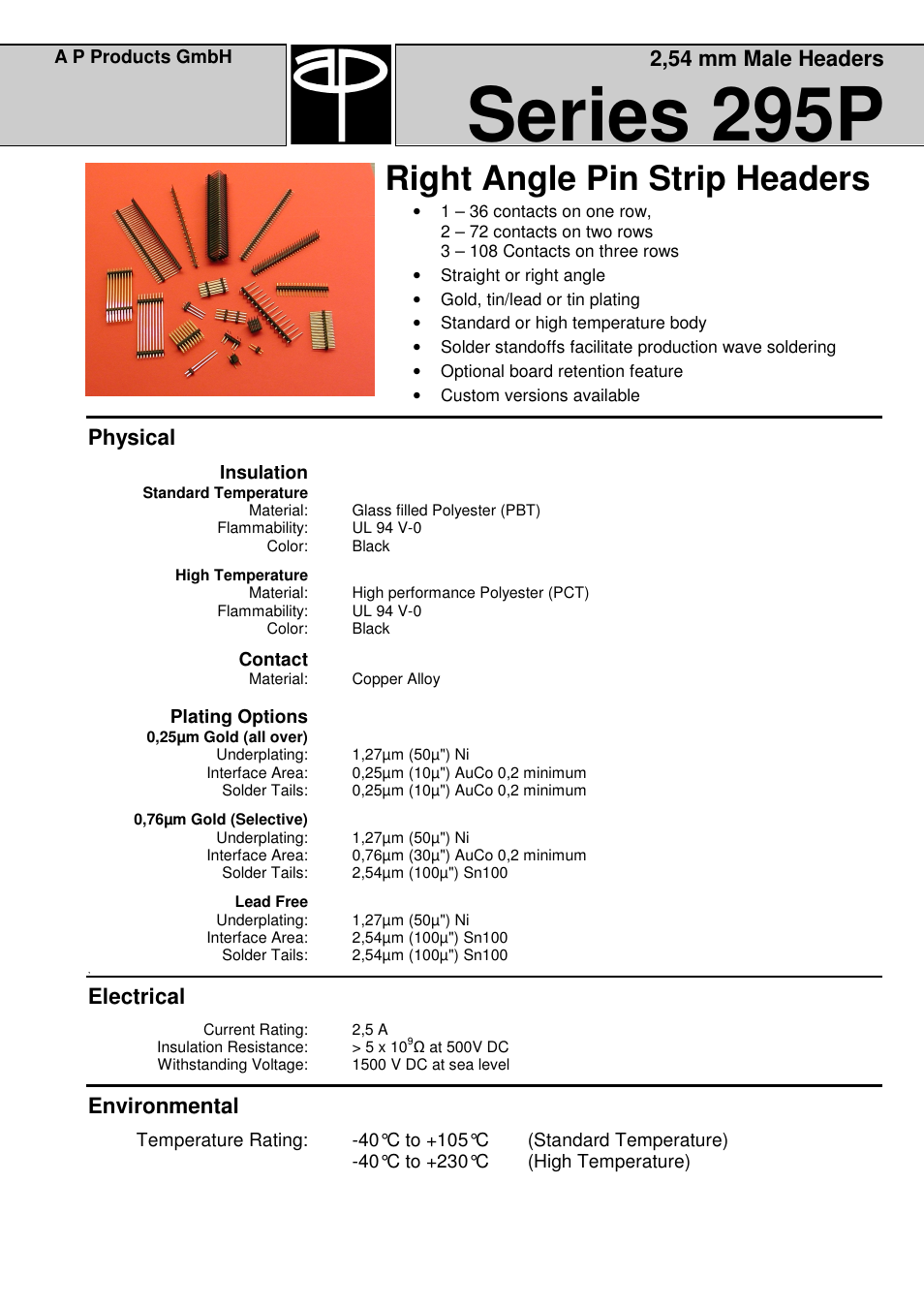 Series 295p, Right angle pin strip headers, Physical | Electrical, Environmental, 2,54 mm male headers | A P Products Male and Female Header User Manual | Page 21 / 43