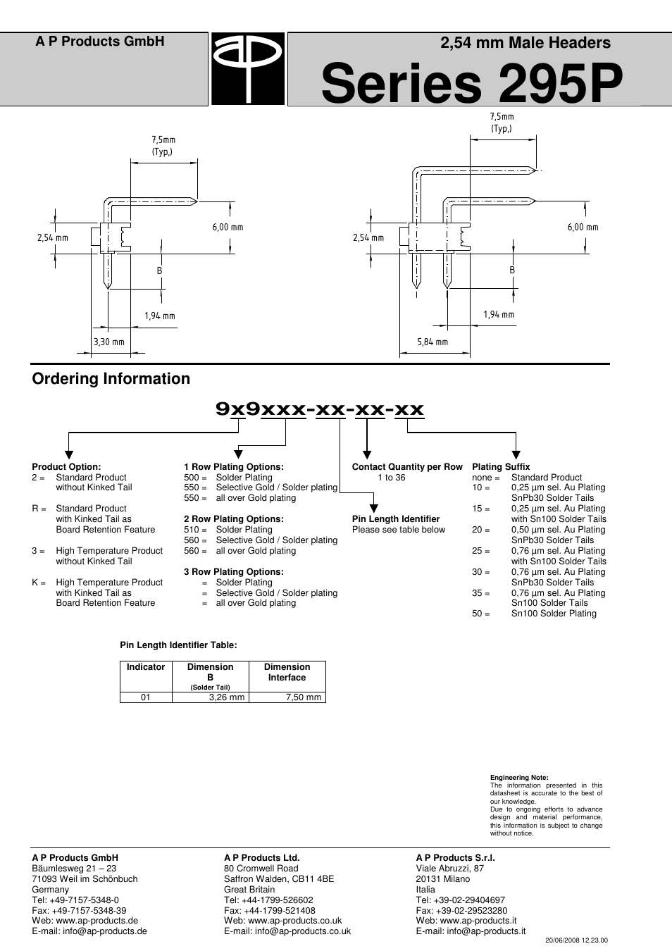 Series 295p, 9x9xxx-xx-xx-xx, 2,54 mm male headers | Ordering information, A p products gmbh | A P Products Male and Female Header User Manual | Page 22 / 43