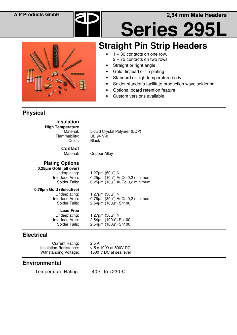 Series 295l, Straight pin strip headers, Physical | Electrical, Environmental, 2,54 mm male headers | A P Products Male and Female Header User Manual | Page 23 / 43