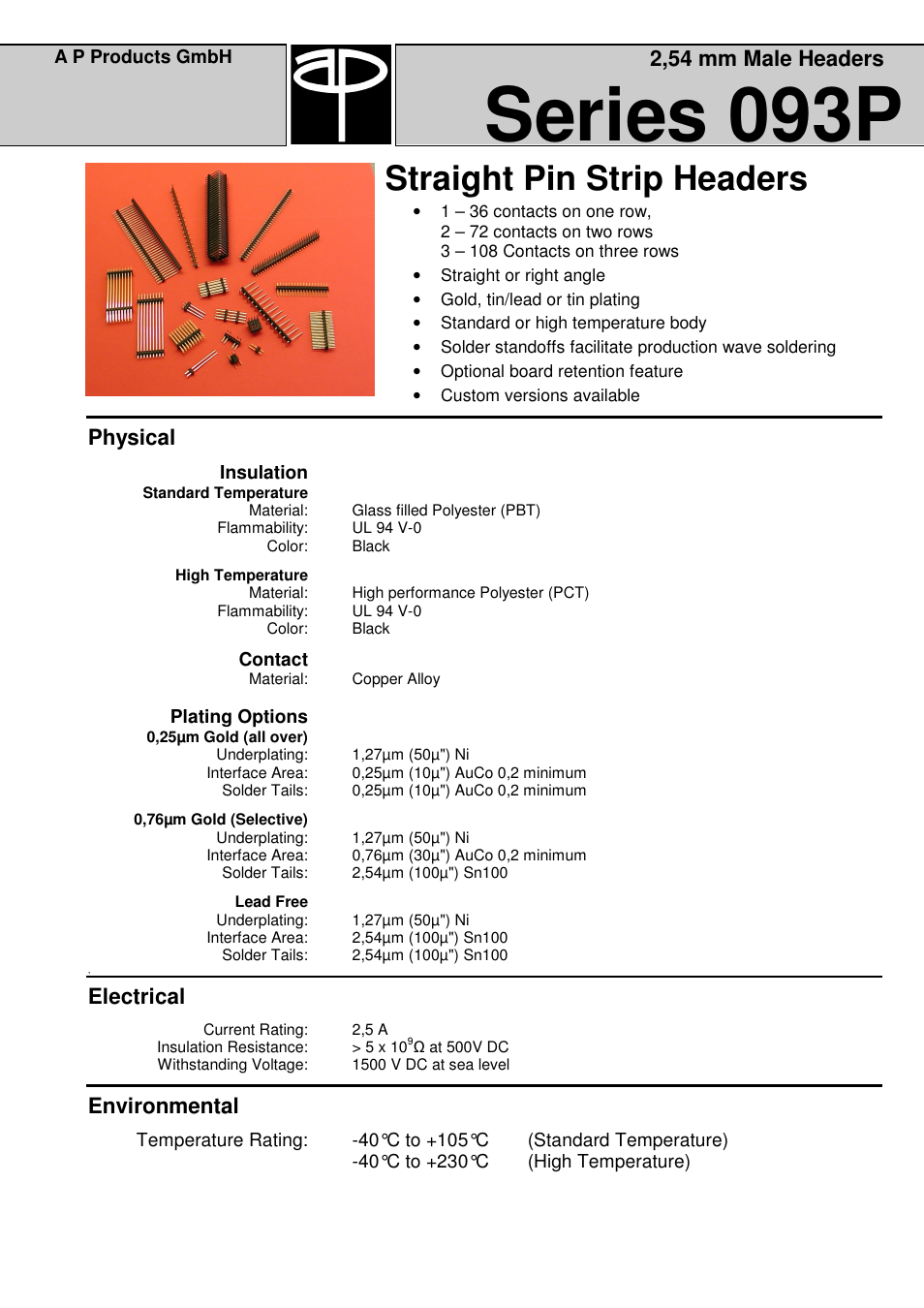 Series 093p, Straight pin strip headers, Physical | Electrical, Environmental, 2,54 mm male headers | A P Products Male and Female Header User Manual | Page 3 / 43