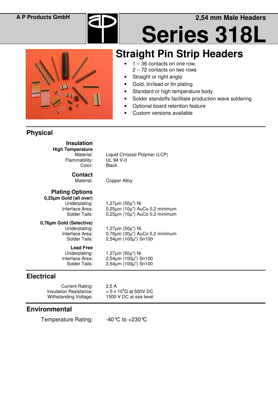 Series 318l, Straight pin strip headers, Physical | Electrical, Environmental, 2,54 mm male headers | A P Products Male and Female Header User Manual | Page 31 / 43
