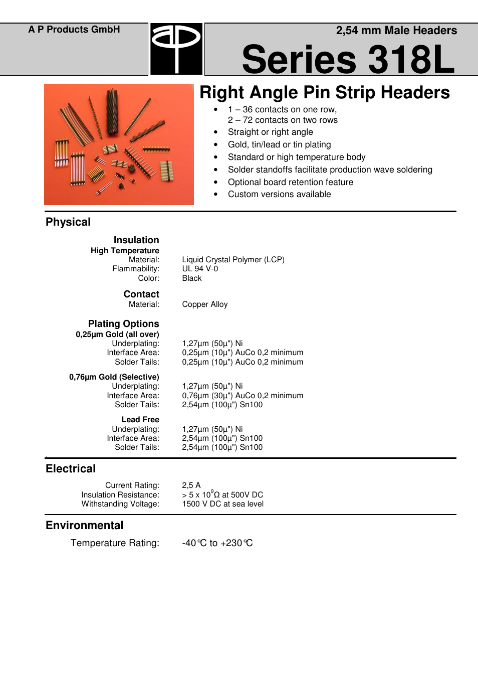 Series 318l, Right angle pin strip headers, Physical | Electrical, Environmental, 2,54 mm male headers | A P Products Male and Female Header User Manual | Page 33 / 43