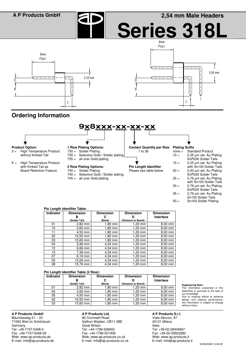 Series 318l, 9x8xxx-xx-xx-xx, 2,54 mm male headers | Ordering information, A p products gmbh | A P Products Male and Female Header User Manual | Page 34 / 43