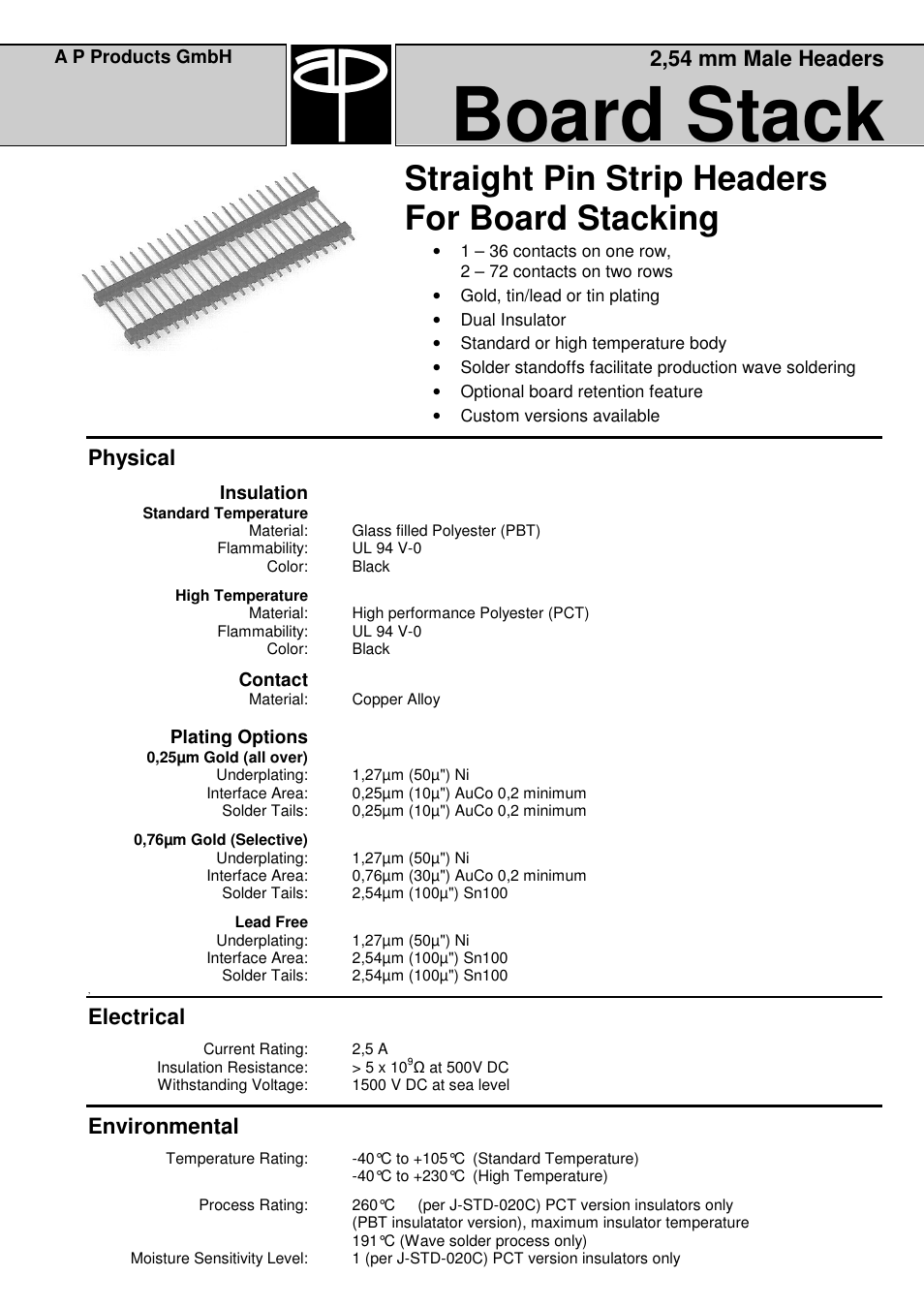 Board stack, Straight pin strip headers for board stacking, Physical | Electrical, Environmental, 2,54 mm male headers | A P Products Male and Female Header User Manual | Page 35 / 43
