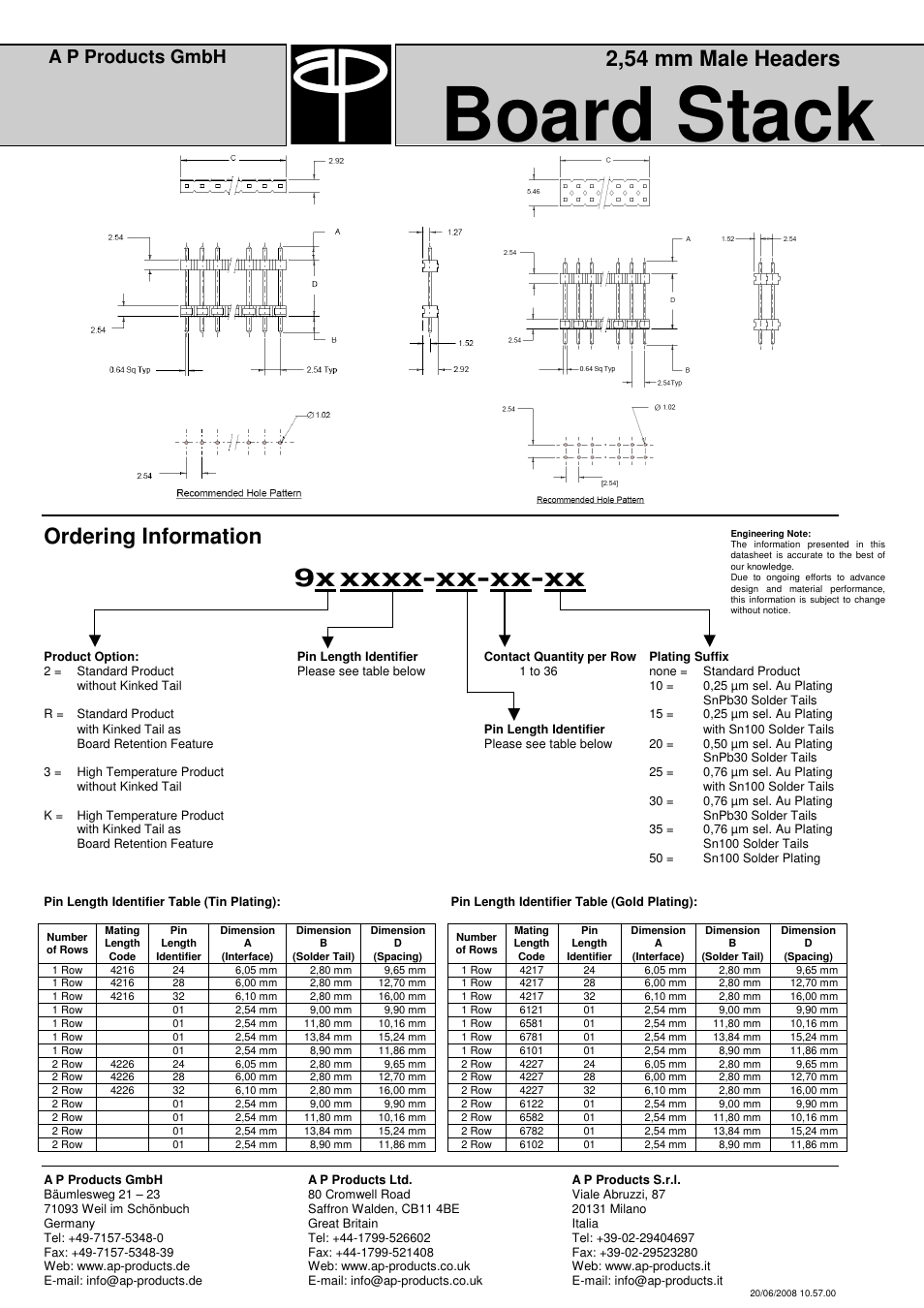 Board stack, 2,54 mm male headers, Ordering information | A p products gmbh | A P Products Male and Female Header User Manual | Page 36 / 43