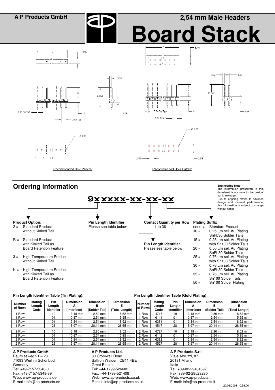 Board stack, 2,54 mm male headers, Ordering information | A p products gmbh | A P Products Male and Female Header User Manual | Page 38 / 43