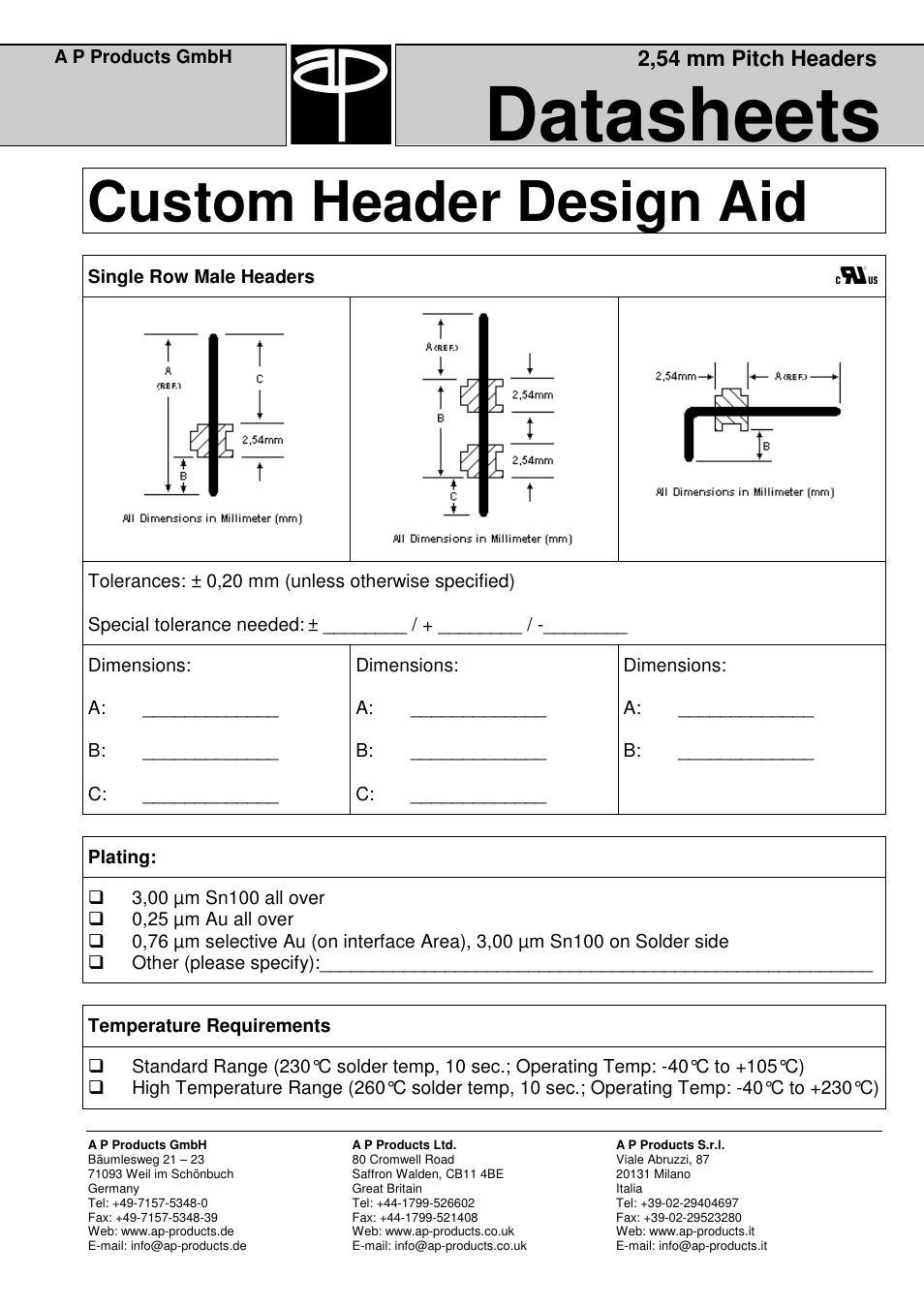 Datasheets, Custom header design aid, 2,54 mm pitch headers | A P Products Male and Female Header User Manual | Page 39 / 43