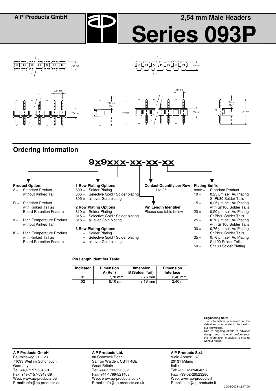 Series 093p, 9x9xxx-xx-xx-xx, 2,54 mm male headers | Ordering information, A p products gmbh | A P Products Male and Female Header User Manual | Page 4 / 43