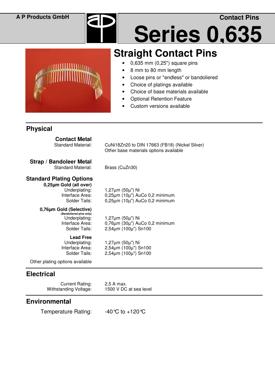 Series 0,635, Straight contact pins, Physical | Electrical, Environmental, Contact pins | A P Products Male and Female Header User Manual | Page 41 / 43