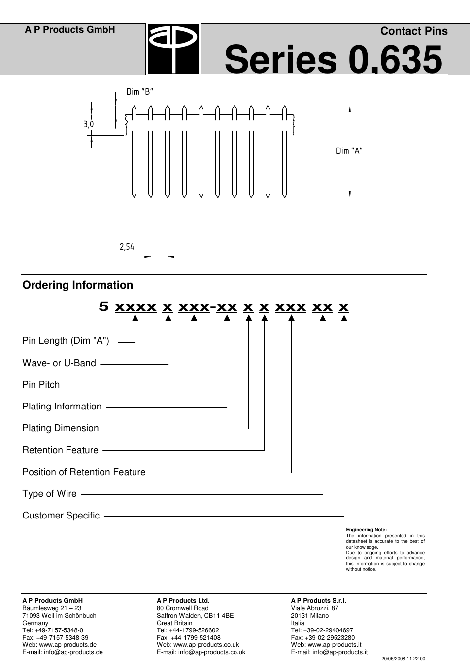Series 0,635, Contact pins, Ordering information | A p products gmbh | A P Products Male and Female Header User Manual | Page 42 / 43