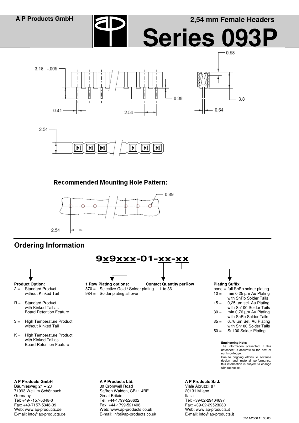 Series 093p, 9x9xxx-01-xx-xx, 2,54 mm female headers | Ordering information, A p products gmbh | A P Products Male and Female Header User Manual | Page 6 / 43