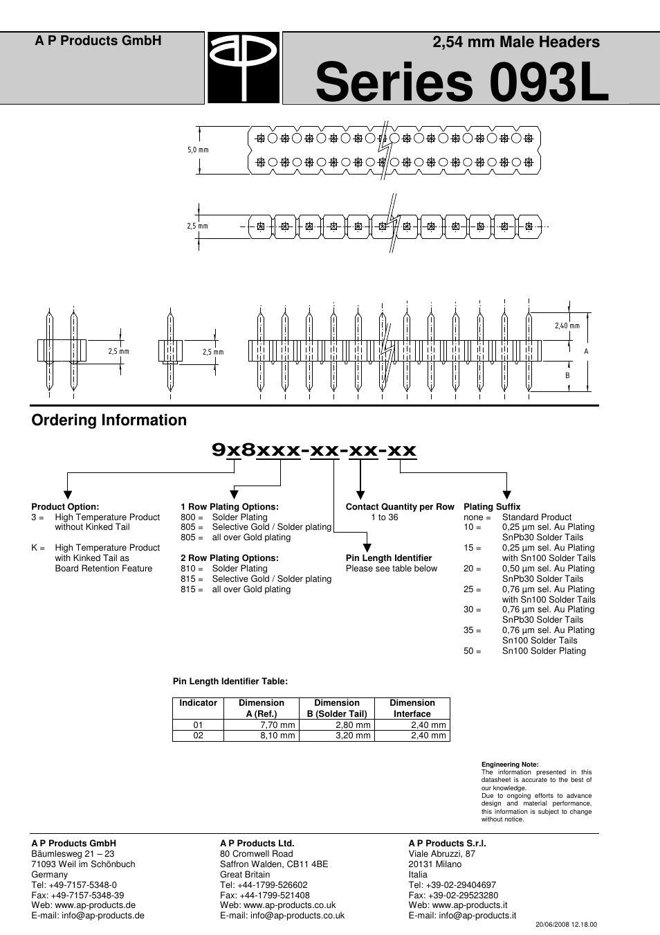 Series 093l, 9x8xxx-xx-xx-xx, 2,54 mm male headers | Ordering information, A p products gmbh | A P Products Male and Female Header User Manual | Page 8 / 43