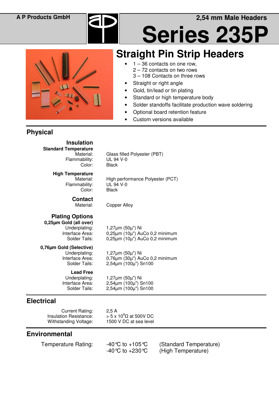 Series 235p, Straight pin strip headers, Physical | Electrical, Environmental, 2,54 mm male headers | A P Products Male and Female Header User Manual | Page 9 / 43