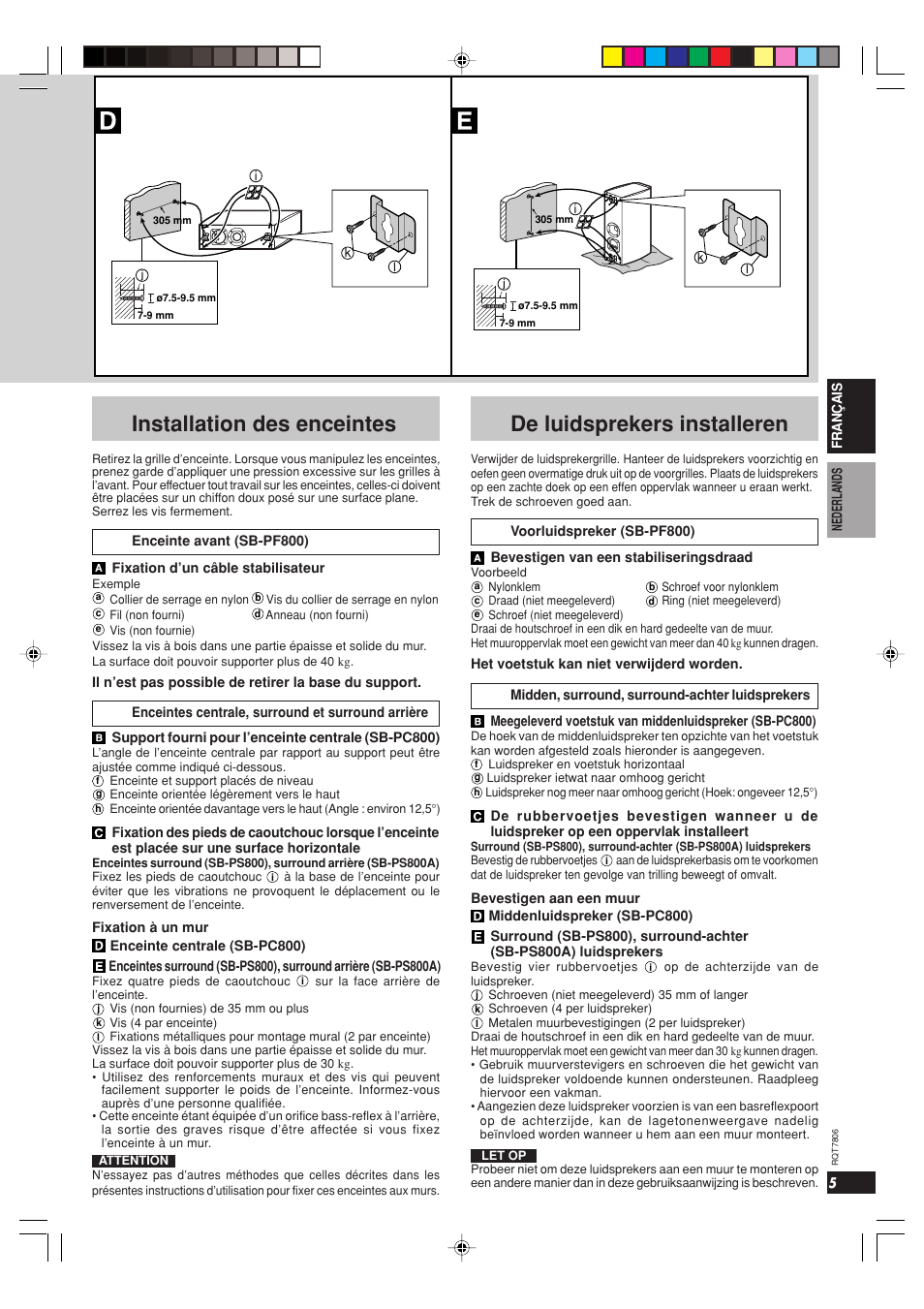 Installation des enceintes, De luidsprekers installeren | Panasonic SB AFC 800 E M User Manual | Page 5 / 32