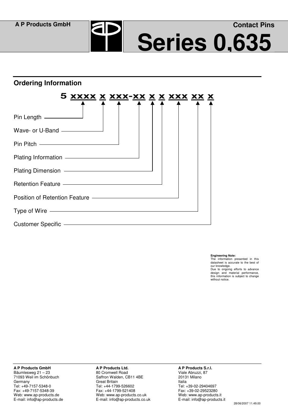 Series 0,635, Contact pins, Ordering information | A p products gmbh | A P Products Contact Pins Series 0,635 User Manual | Page 2 / 2