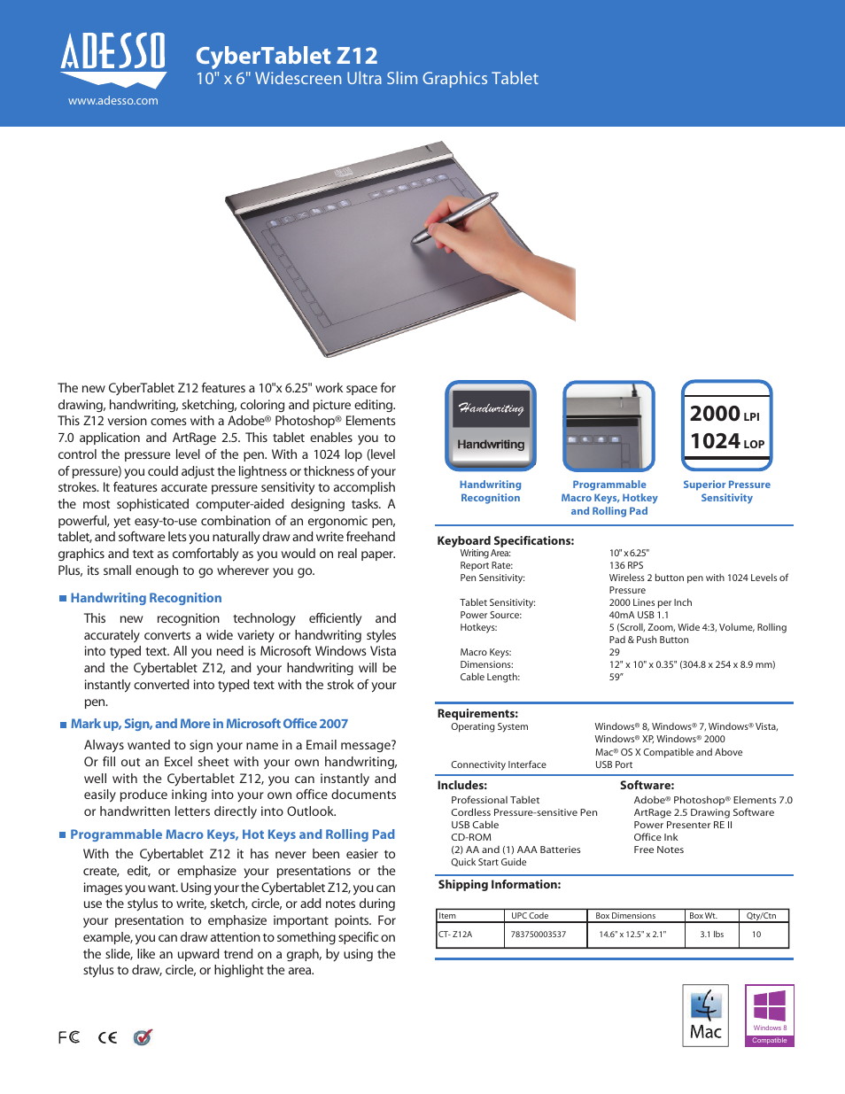 Adesso CyberTablet Z12 Datasheet User Manual | 1 page