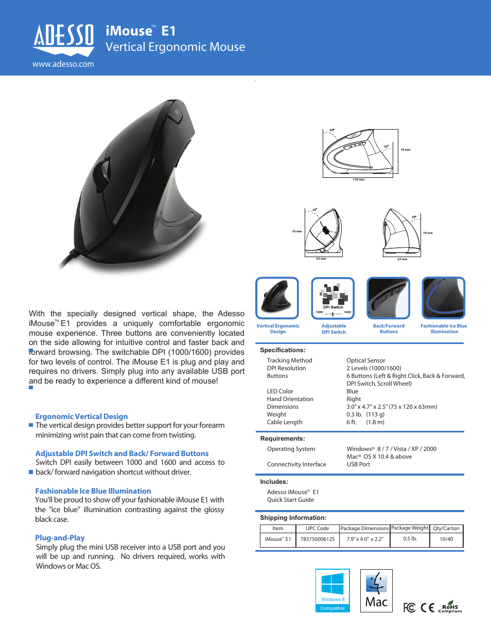 Adesso iMouse E1 User Manual | 1 page