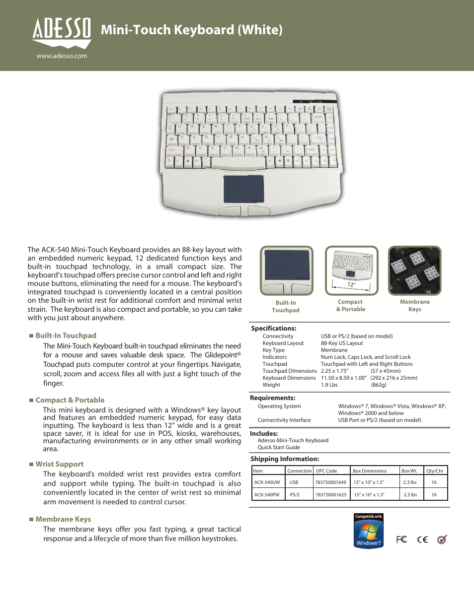 Adesso ACK-540W User Manual | 1 page