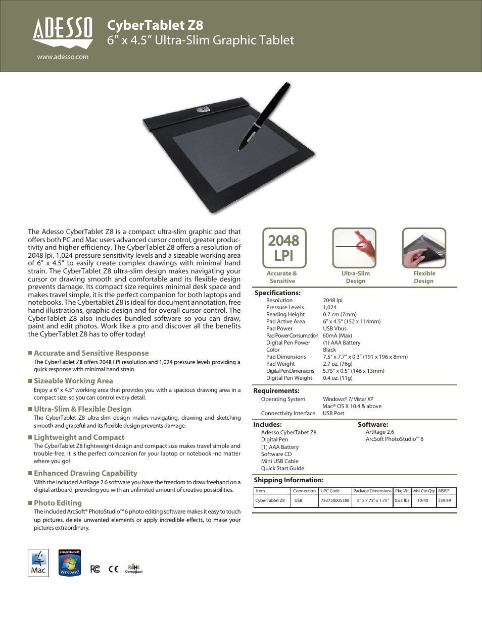 Adesso CyberTablet Z8 Datasheet User Manual | 2 pages